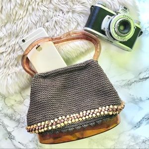 Vintage Knit Acrylic Wood Bead Embellished Purse